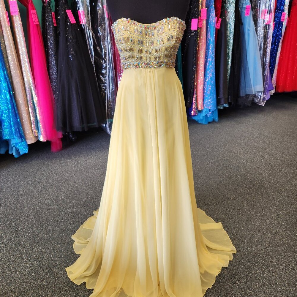 Mori Lee Strapless Yellow Beaded Prom Gown